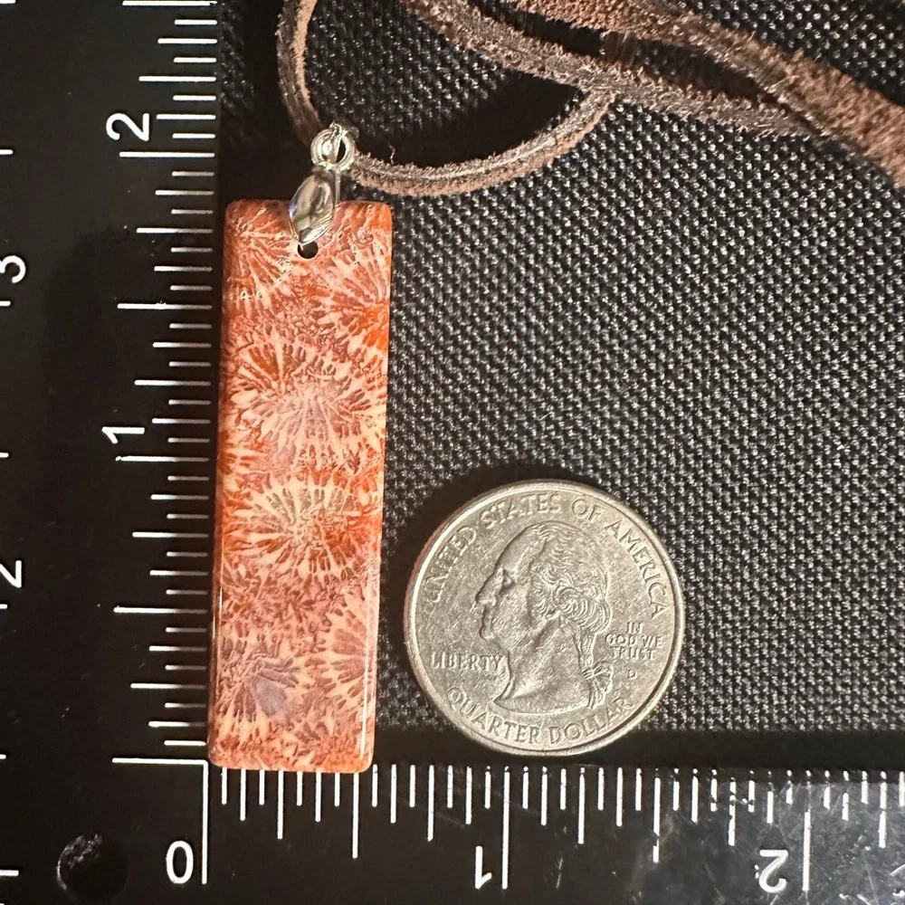 Dark Orange Coral Fossil Thin Rectangle Pendant Necklace on Brown Suede - Picture 12 of 13